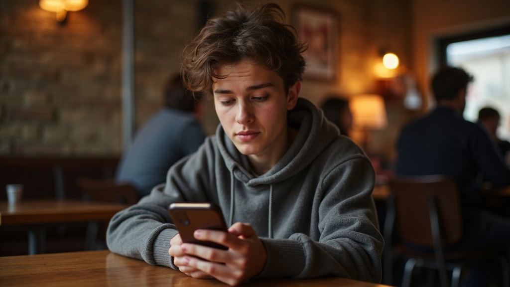 カフェでSNSフィードをスクロールしながらメモを取ろうとしている人物