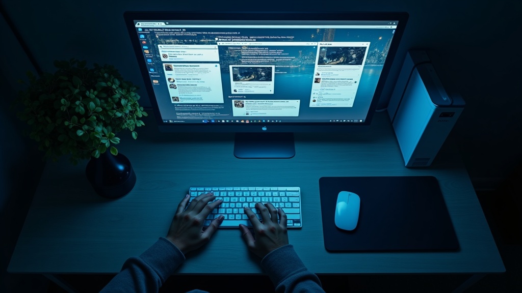 複数のノートアプリとSNSのスクリーンショットが散乱したパソコン画面と困惑するユーザー
