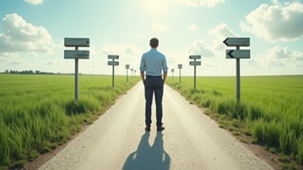 プログラミングスクール選びで複数の選択肢の分岐点に立ち、最適な進路を考える人物