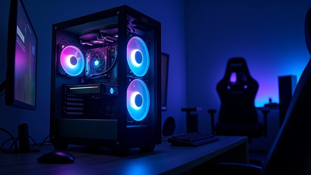 RGB発光するゲーミングデスクトップタワーのサイドパネル越しに内部パーツが見えるゲーミングセットアップ
