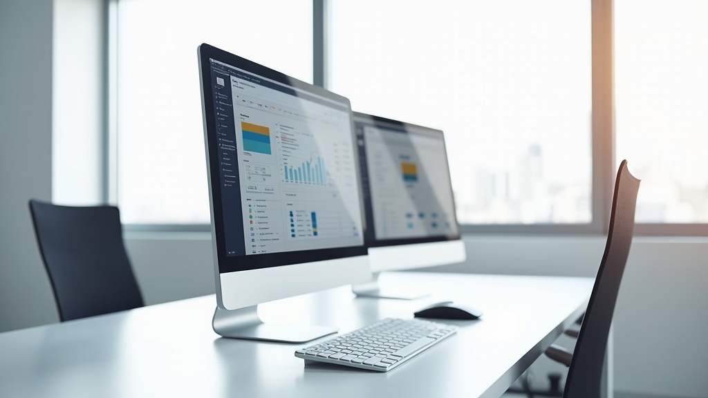 デュアルモニター構成のビジネス向けコンパクトデスクトップPCが置かれた整理されたオフィスデスク