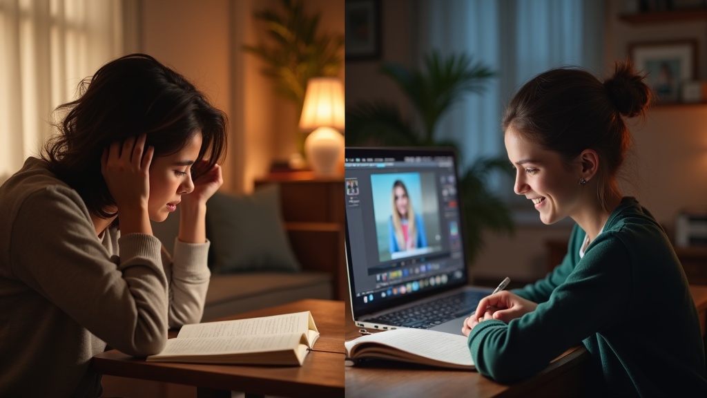 プログラミングの独学とスクール受講を対比させた学習スタイルの違いを示す場面