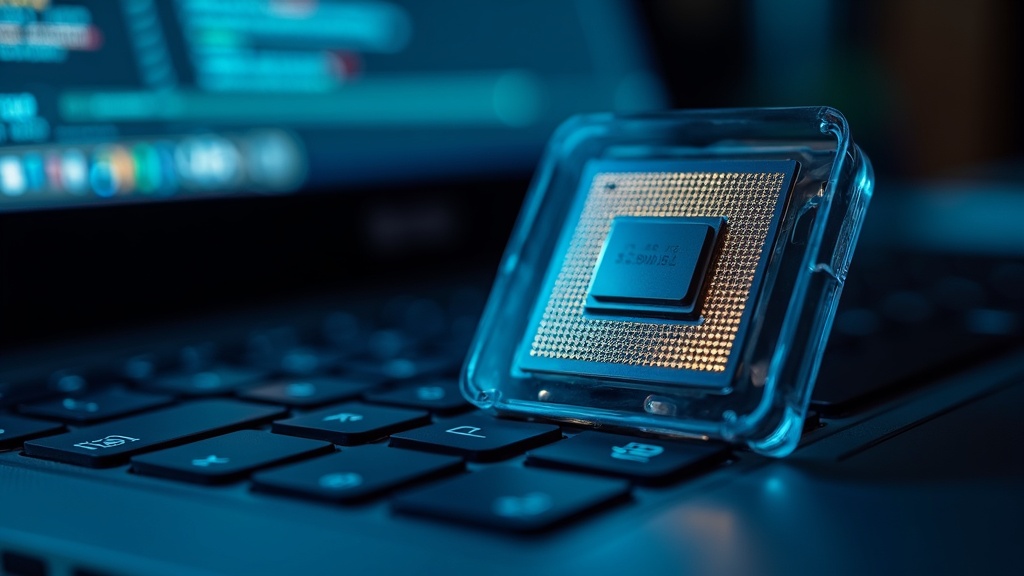 ノートPCのCPUチップとコンパイル処理のクローズアップ