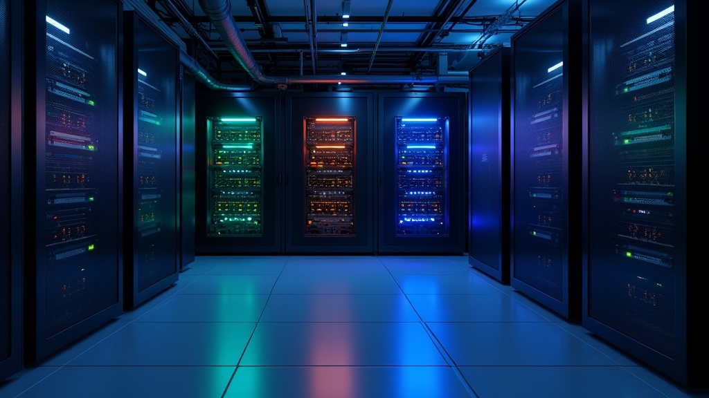 国内主要レンタルサーバー5社を象徴する5台のサーバーラックが並ぶデータセンター内部