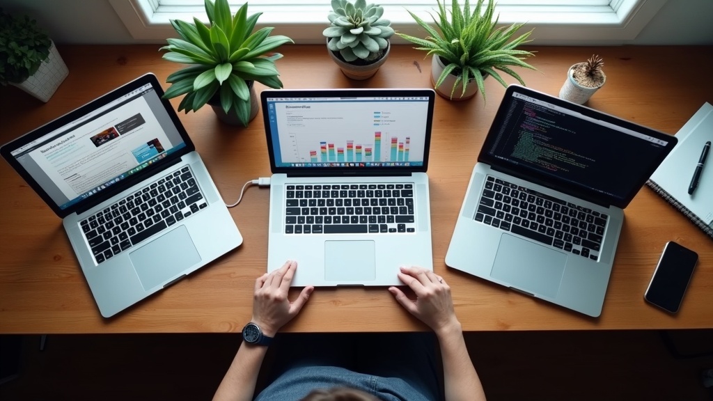 ブログ初心者・副業ブロガー・エンジニアの3タイプがそれぞれMacで異なる作業をしている俯瞰ビュー