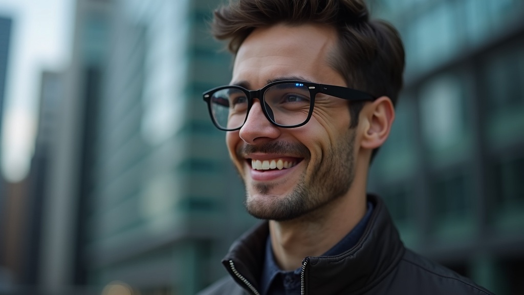 スマートグラスをかけてハンズフリーでAIアシスタントを使うビジネスパーソン