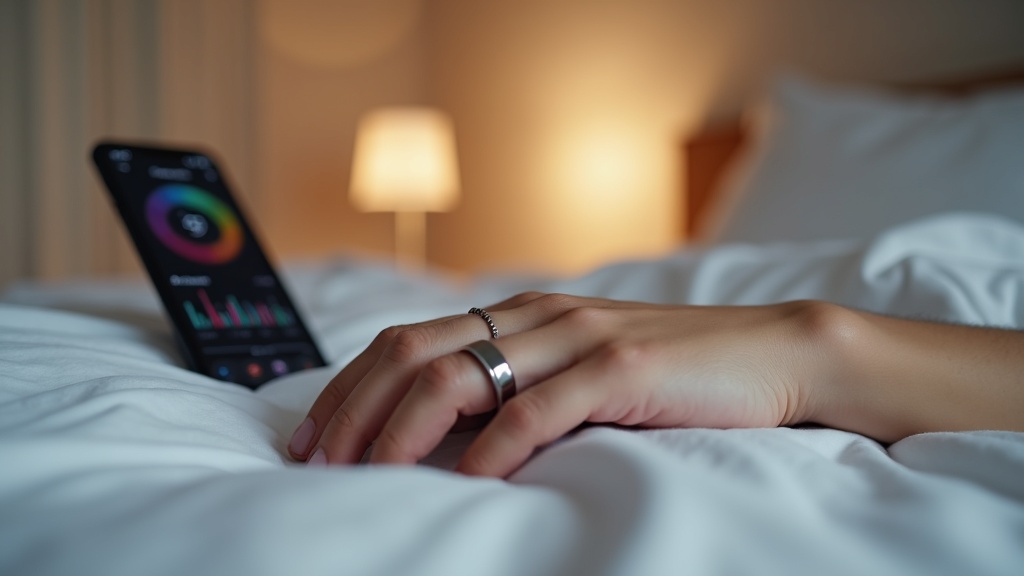 就寝中にスマートリングで心拍数・睡眠データを計測するシーンのクローズアップ