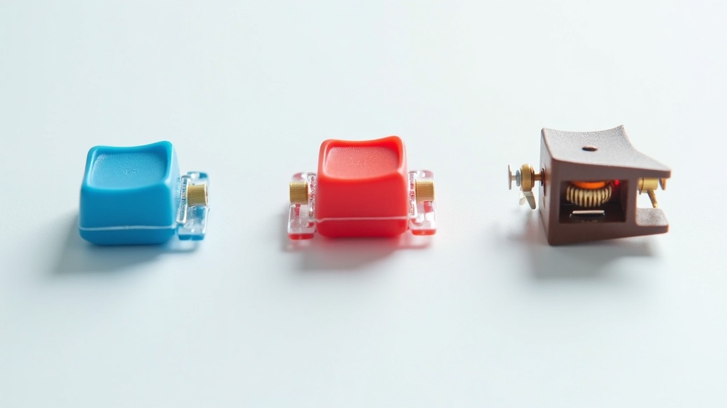 青軸・赤軸・茶軸の3種類のメカニカルキーボードスイッチを並べた内部構造が見えるマクロ比較写真