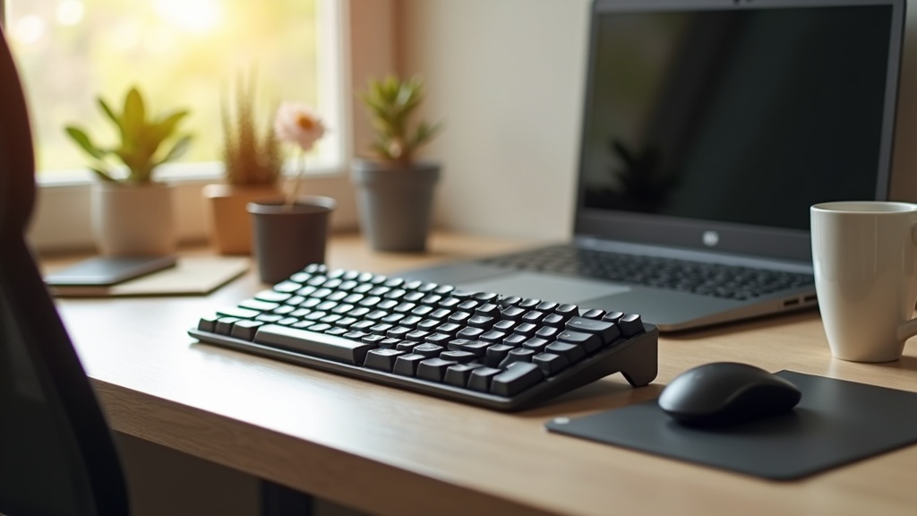 自宅書斎でコンパクトなメカニカルキーボードとノートPCを使ったテレワーク環境のデスクセットアップ写真