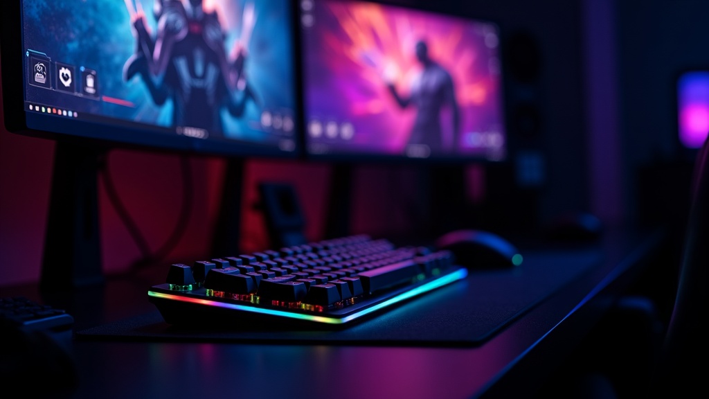 夜間のゲーミングデスクでRGBメカニカルキーボードが発光するゲーミングセットアップ環境の写真
