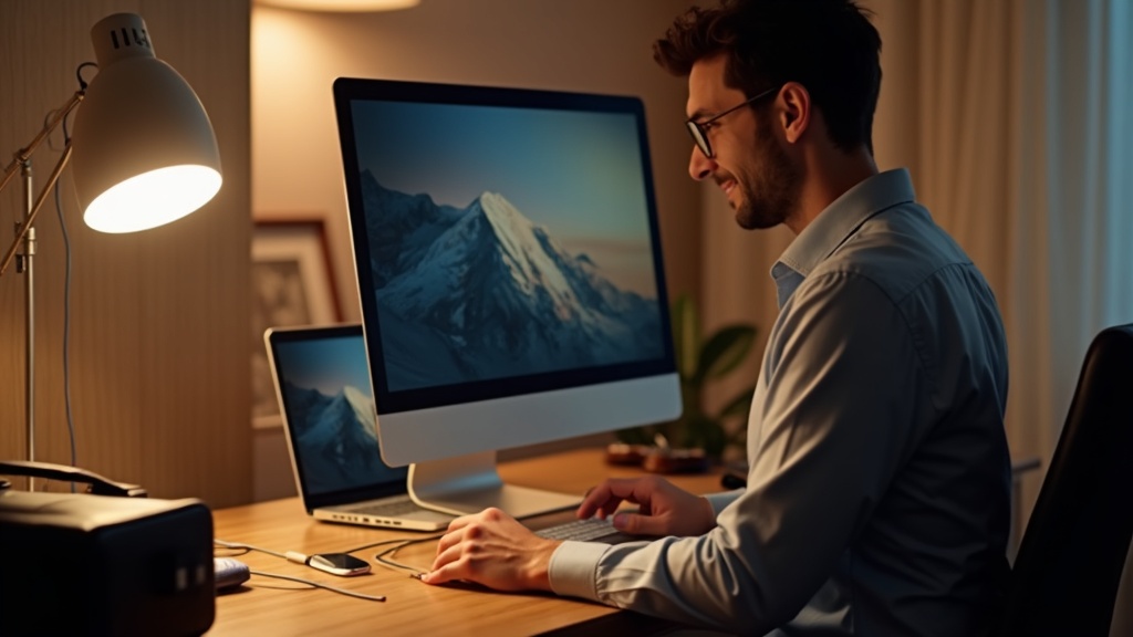 出張先のホテルデスクでUSB-Cケーブル1本でポータブルモニターをノートPCに接続するビジネスパーソン