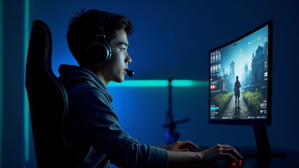 ワイヤレスゲーミングヘッドセットを装着してFPSゲームをプレイする様子