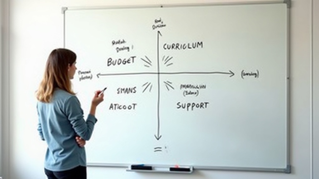 プログラミングスクール選びの4つの軸（目的・予算・カリキュラム・サポート）をホワイトボードで整理している場面