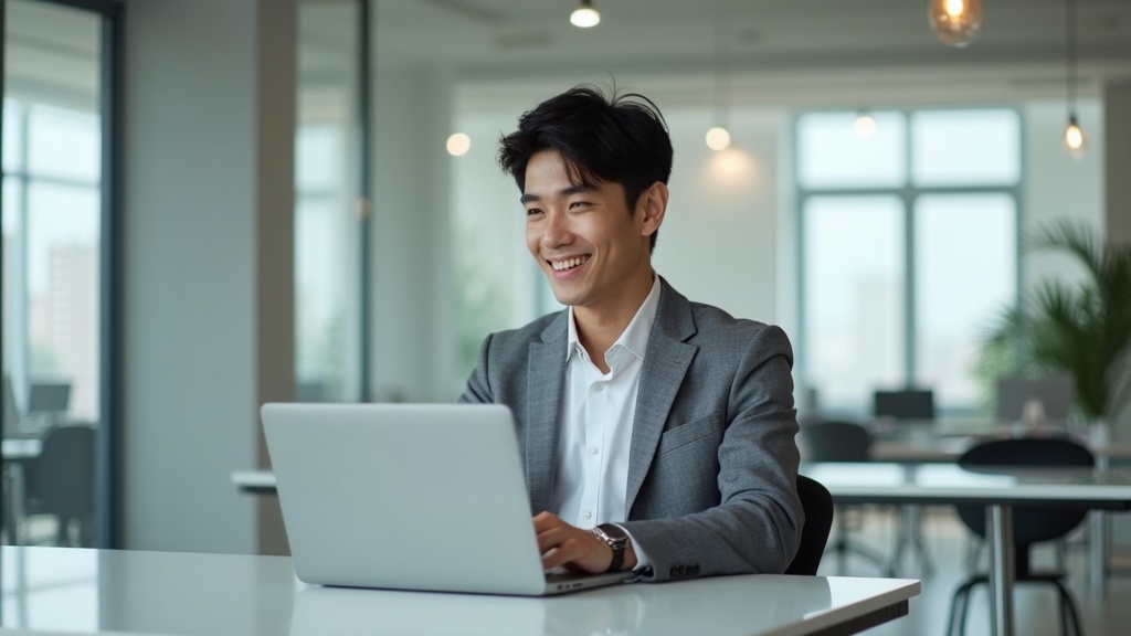 プログラミングスクール卒業後にエンジニアとして転職成功し新しいオフィスで働く男性