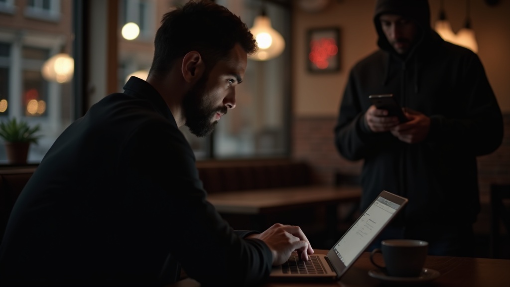 カフェの公衆Wi-Fiで作業中に中間者攻撃による盗聴リスクにさらされているリモートワーカー