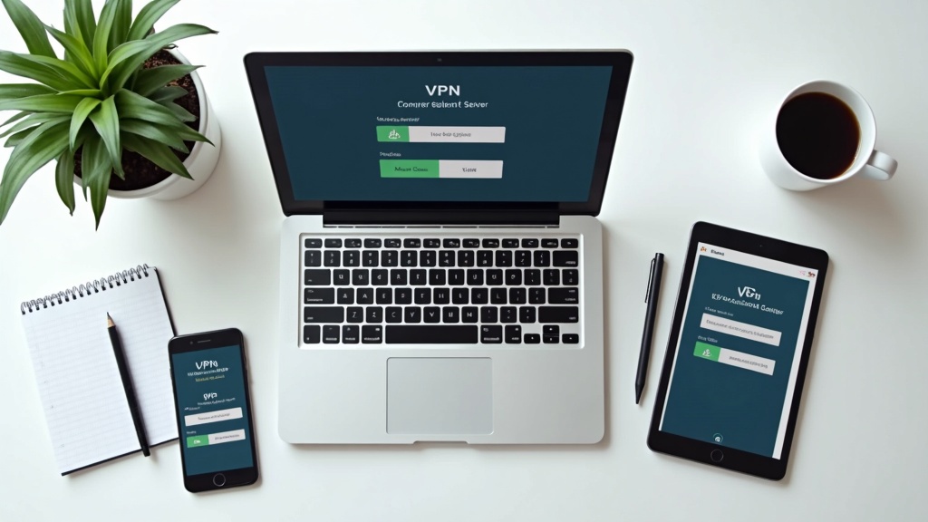 複数デバイスでVPNアプリの接続画面を表示し比較レビューしているデスク環境