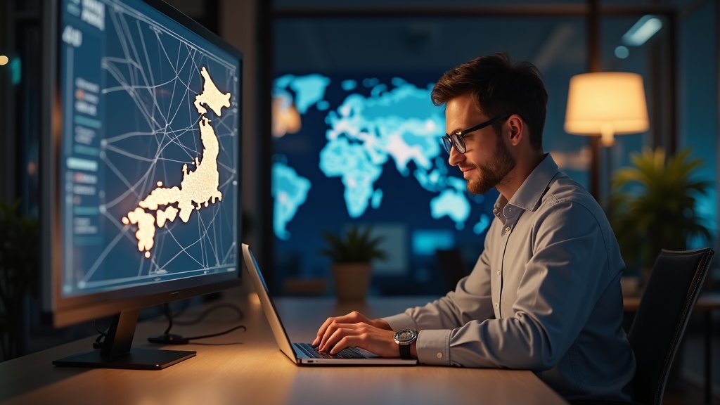 日本地図と接続網を背景にPCを操作するビジネスパーソン：国内シェアトップのレンタルサーバー信頼性イメージ