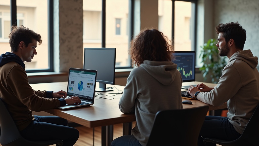 個人ブロガー・企業担当者・エンジニアが各自のデバイスで作業するシーン：用途別レンタルサーバー選びのイメージ