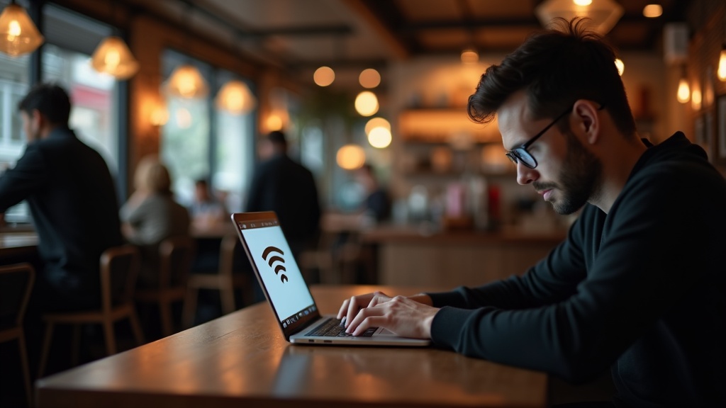カフェの公衆Wi-Fiを使用中に背後から盗聴リスクにさらされている人物のイメージ