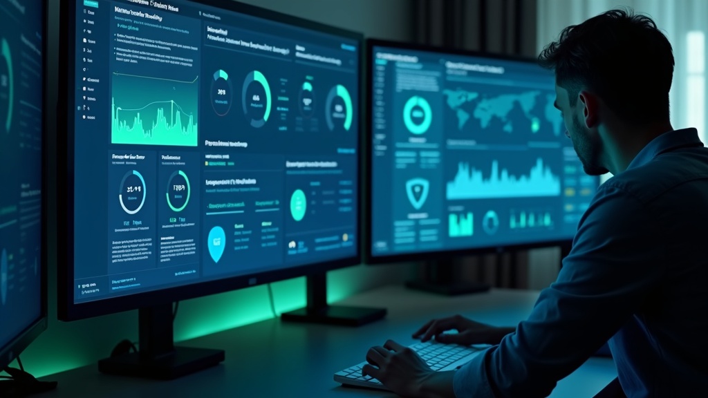 複数モニターでVPNサービスのセキュリティ・速度・価格データを比較分析している様子