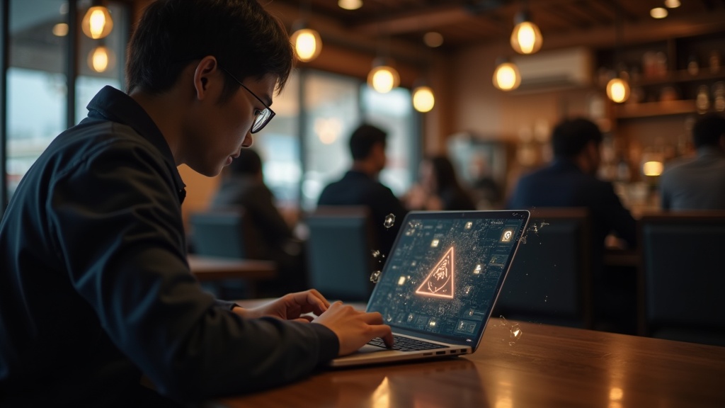 カフェの公衆Wi-Fiでノートパソコンを使用する人物とサイバーセキュリティリスクのイメージ