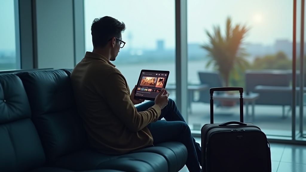 海外旅行中に空港でタブレットを使って動画ストリーミングサービスを視聴する人物のイメージ