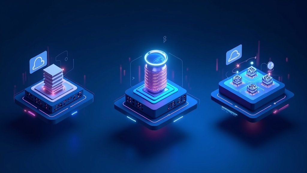 共有サーバー・VPS・クラウドサーバーの構造的な違いを示す3Dインフラ図解