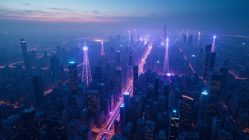 都市上空に広がる4G LTEと5Gの無線通信ネットワークのイメージ