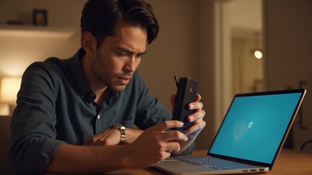 ポケットWiFiの接続不良トラブルを解決しようと再起動操作を行うユーザー