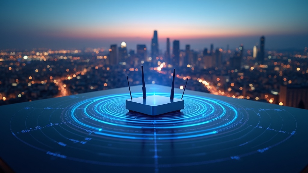 ポケットWiFiの5G通信エリアカバレッジと電波の広がりを示す都市俯瞰イメージ