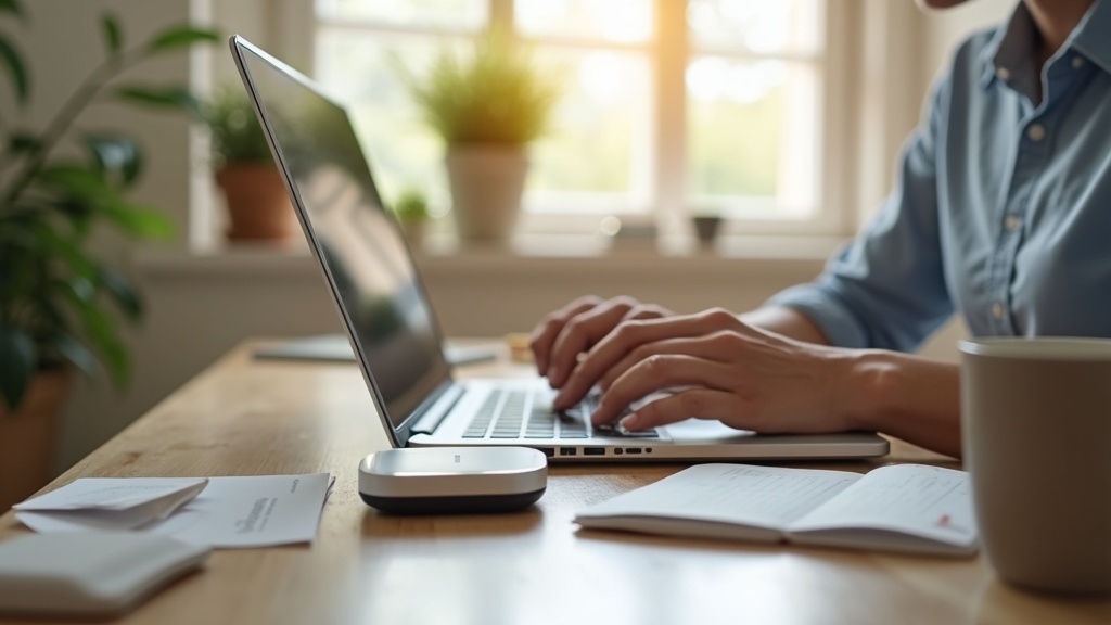 テレワーク中にポケットWiFiルーターをノートPCの隣に置いて自宅で作業する様子