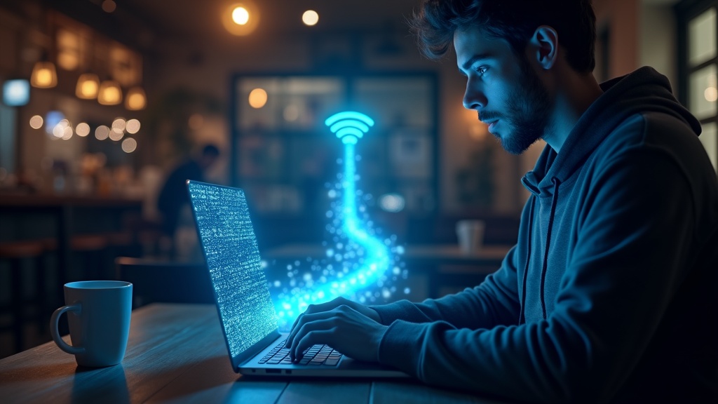 公共Wi-Fiでノートパソコンを使う人物とVPN暗号化トンネルの概念図