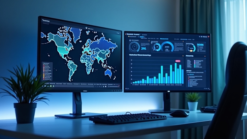 複数モニターでVPNの速度・セキュリティ・価格を比較分析している画面