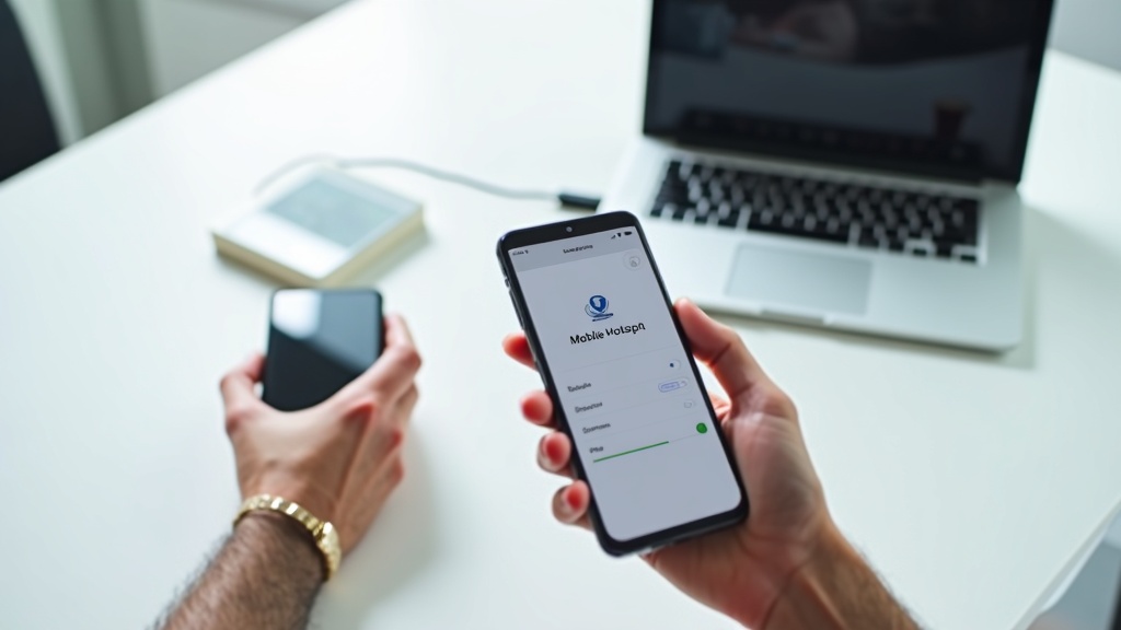 スマートフォンのテザリング設定画面を操作しながらノートPCをUSB接続する手元