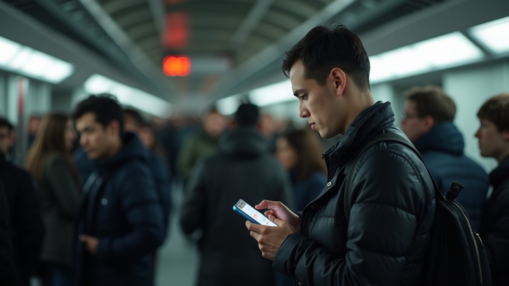 混雑した通勤時間帯の駅でスマートフォンの通信速度低下を体験している利用者