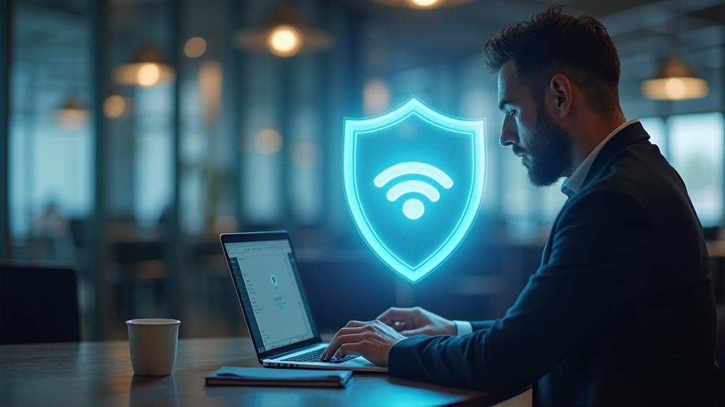 公共Wi-Fi環境でVPNを使いセキュアにリモートワークするビジネスパーソンのイメージ