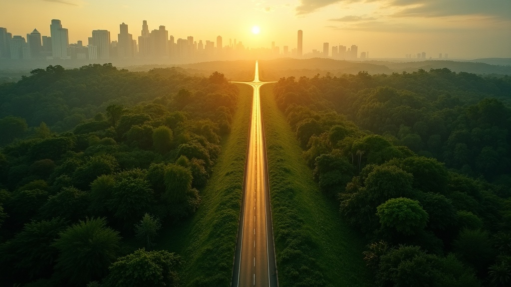 AI時代のエンジニアスキル選択の分岐点を象徴する二股の道の俯瞰イメージ