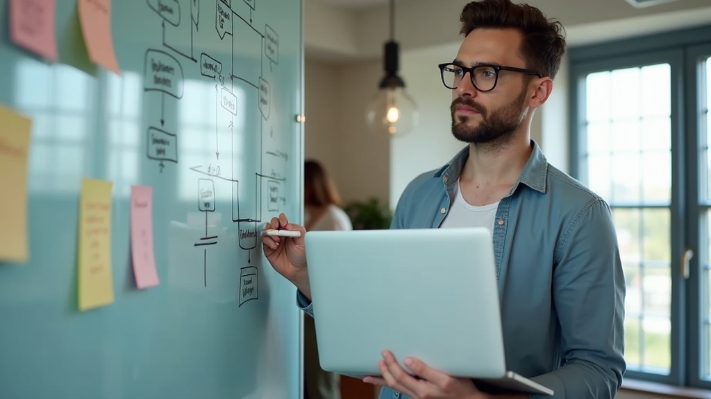 転職活動のロードマップを戦略的に計画するエンジニアがポートフォリオとフローチャートを確認している様子