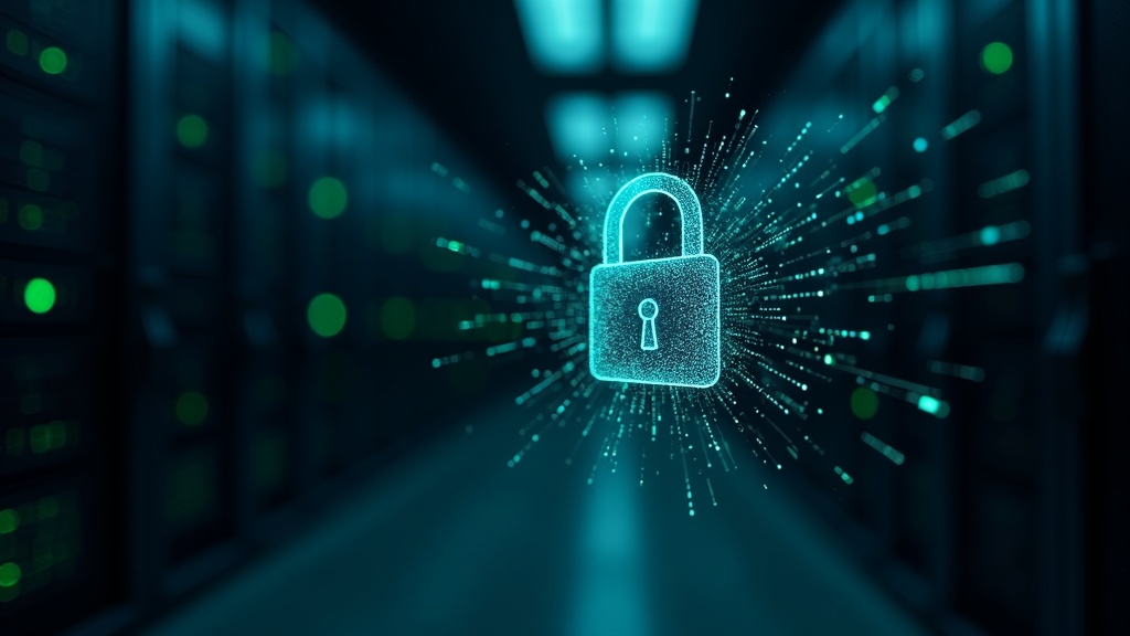 クラウドストレージのデータ暗号化とセキュリティ保護を象徴するデジタル南京錠とサーバー