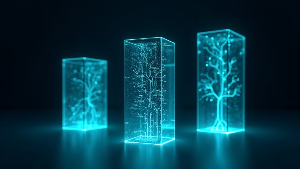 3種類の異なるAIアーキテクチャ設計思想を表す抽象的なテクノロジービジュアル