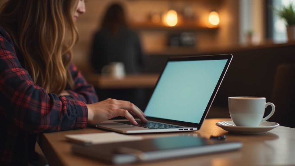 軽量薄型ノートPCをカフェで使用するシーン、携帯性と性能を両立したモバイルワーク環境