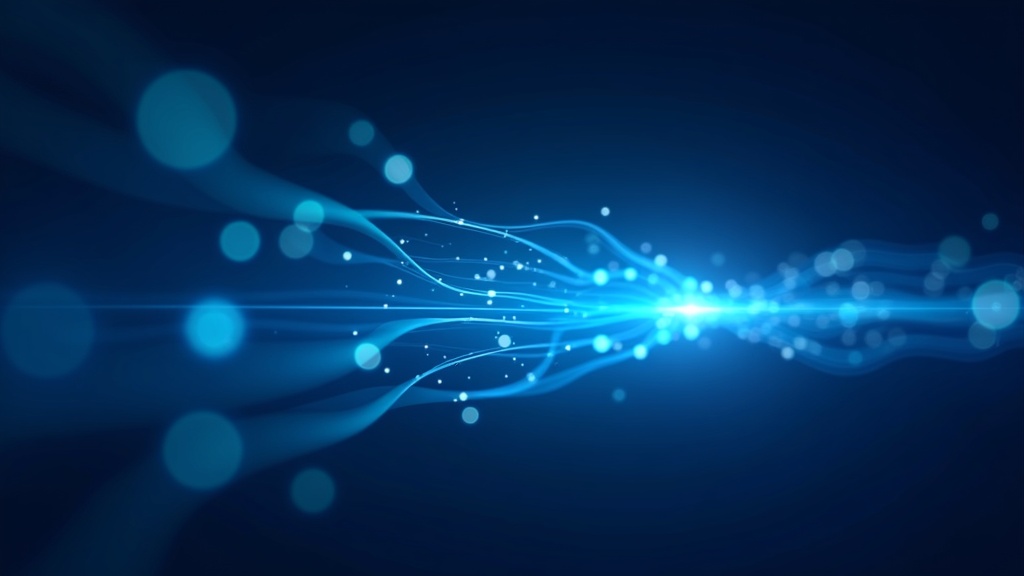 光ファイバーを流れる高速データ転送を視覚化したサーバーアーキテクチャのイメージ