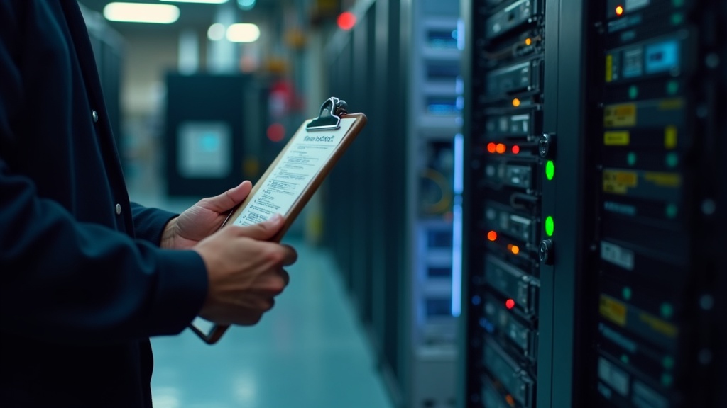 エンジニアがチェックリストを確認しながらサーバー移行作業を進めている様子