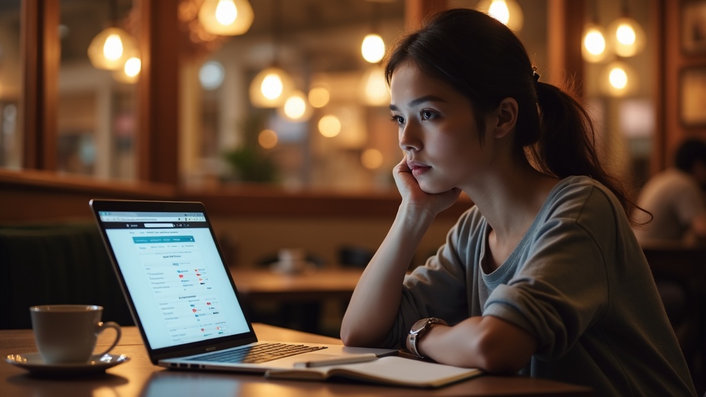 カフェでノートPCを開きレンタルサーバーの選択肢を比較する初心者ブロガー