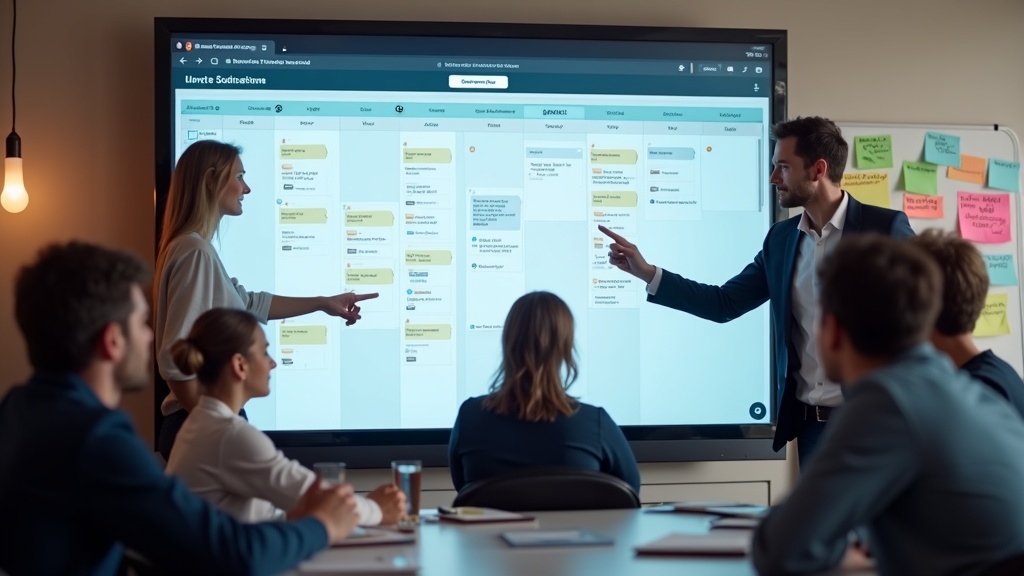 マーケティングチームがコンテンツカレンダーをモニターで共有しながらタスク分担を議論している様子
