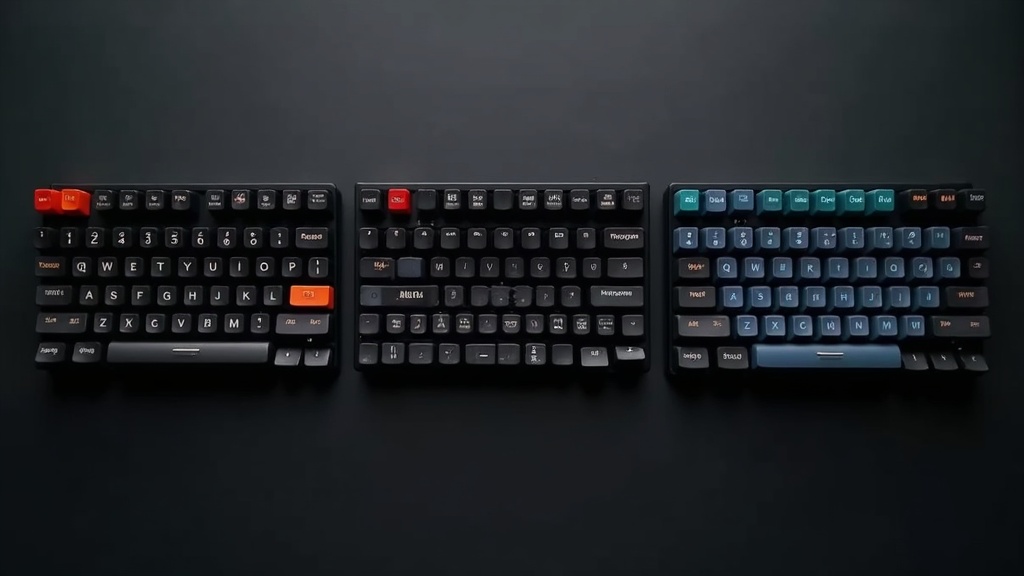 フルサイズ・TKL・60%レイアウトのメカニカルキーボード3台を並べたサイズ比較