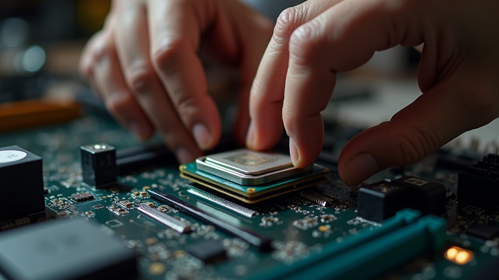 静電気防止リストバンドを着けてマザーボードにCPUを取り付ける自作PC組み立て作業