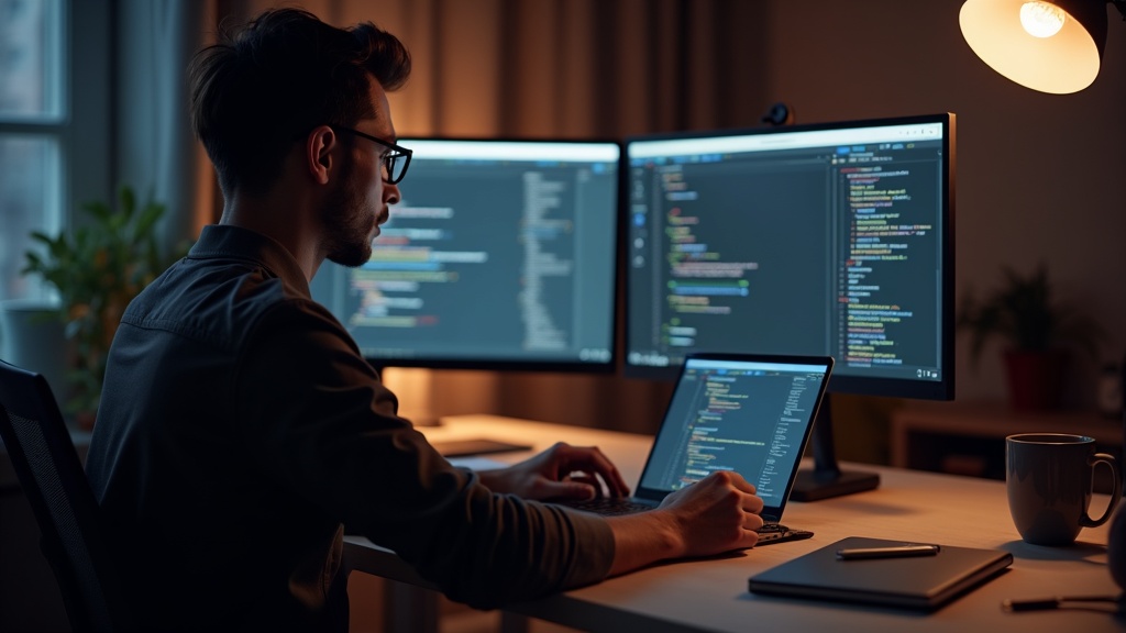 デュアルモニター環境でAIコーディングアシスタントのチャットとコードエディタを併用して作業する開発者