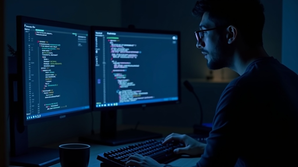 デュアルモニターでAIを活用しながらコーディング作業をするエンジニアの様子