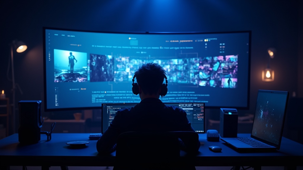 プロ映像制作スタジオでAI動画生成プラットフォームを使いテキストから映像クリップを生成している様子